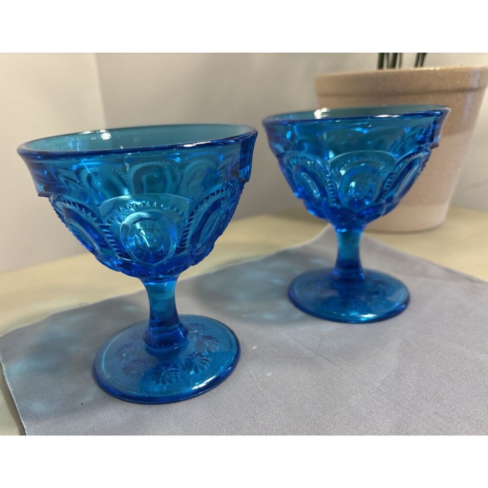 2 LE Smith Moon & Star Footed Stem Glass Sherbet Dessert Dish Colonial Blue 4.5”